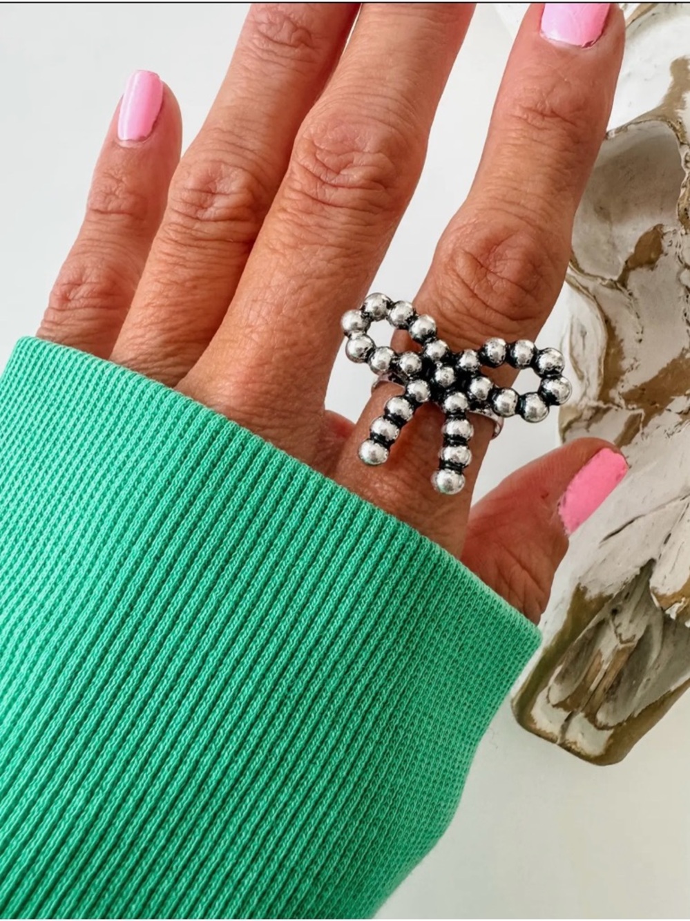 Beaded Bow Statement Ring Adjustable- Silver